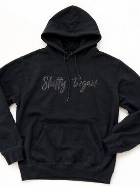 "Slutty Vegan" Embroidered Hoodie Black Oversized Pullover Sweatshirt XL
